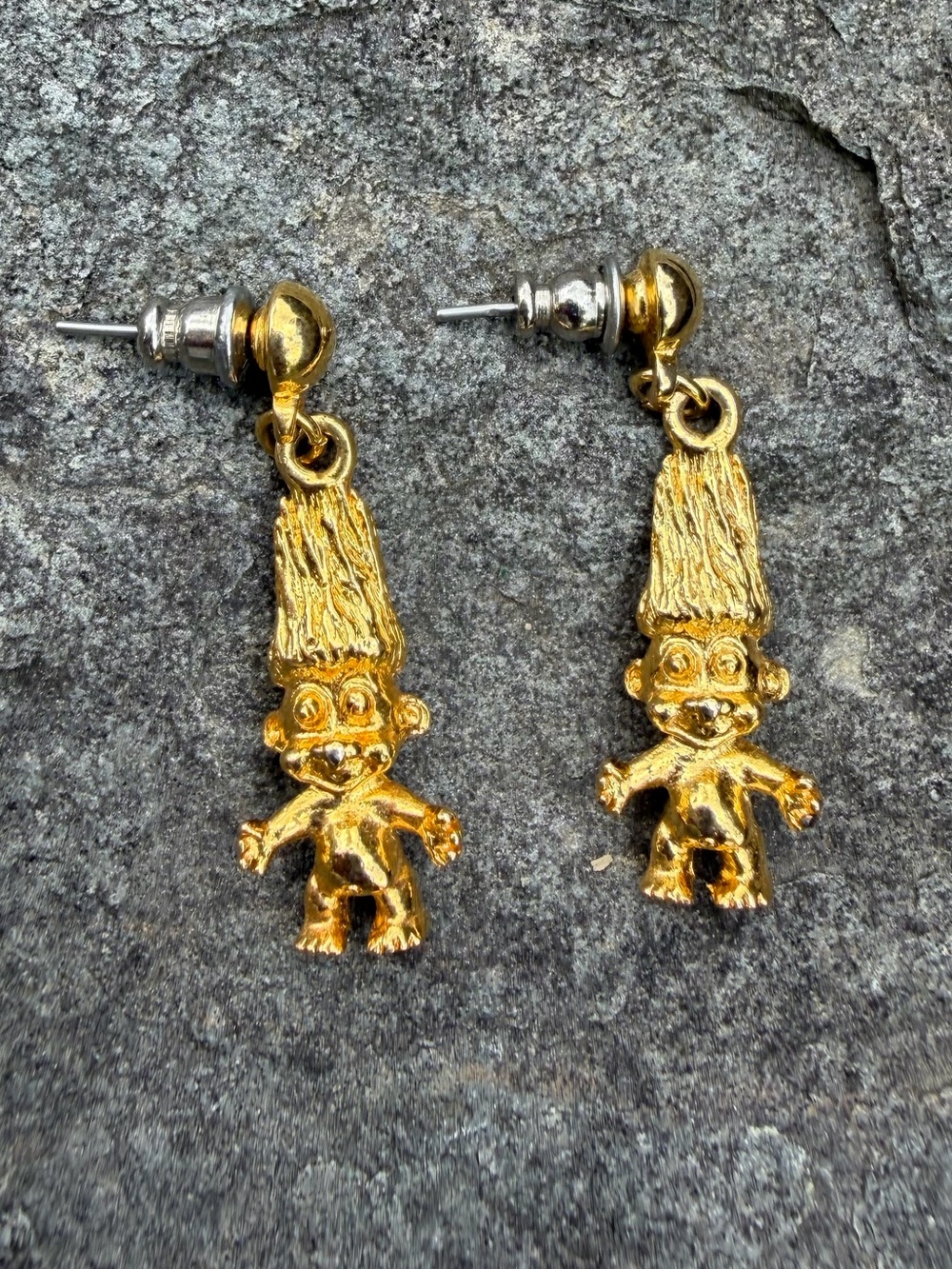 Vintage Gold Troll Doll Drop Earrings